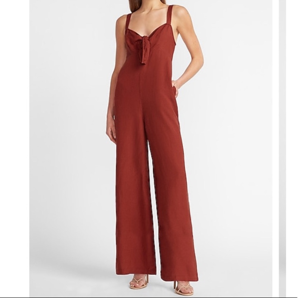 EXPRESS Linen-Blend Tie Front Culotte Jumpsuit